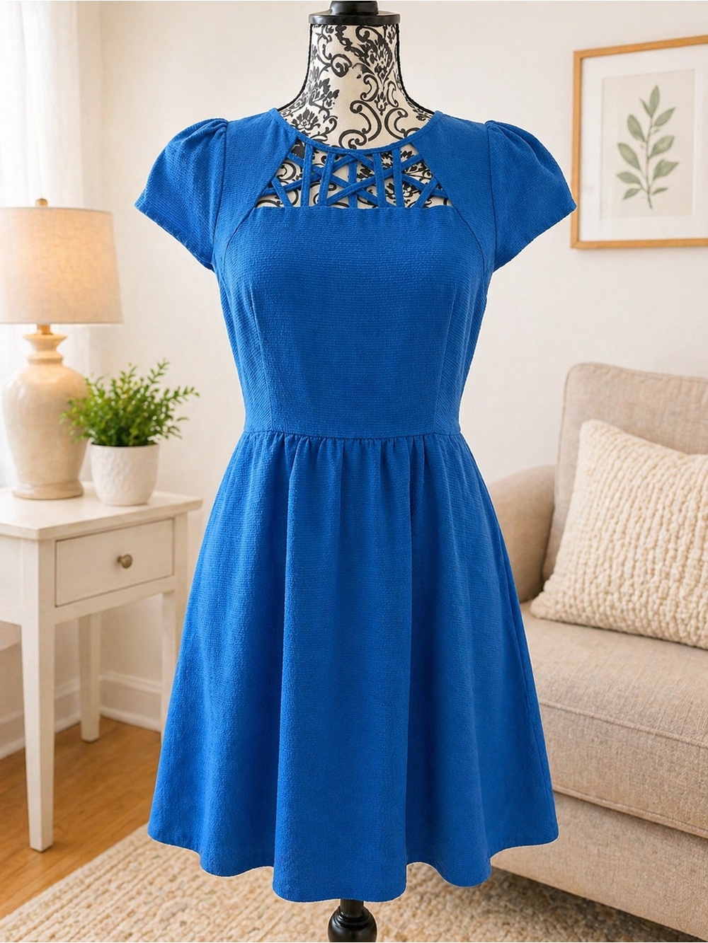 Maeve Blue Fit & Flare Dress Size 6 | Lattice Neckline | Anthropologie